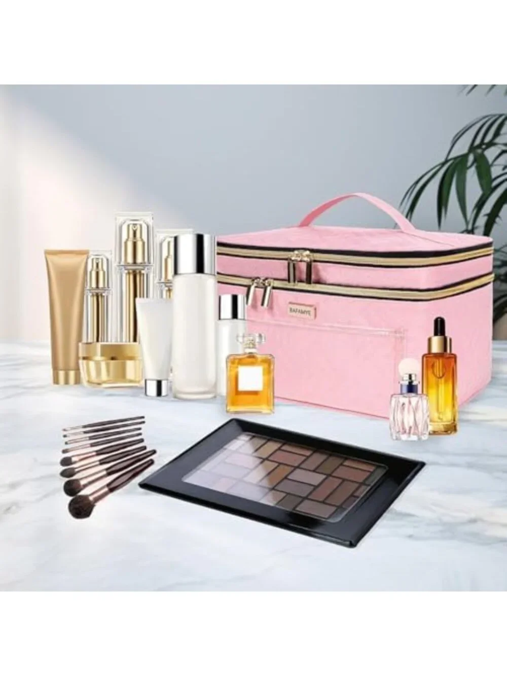 Large Double Layer Travel Makeup Bag - Portable Cosmetic Organizer with Brush